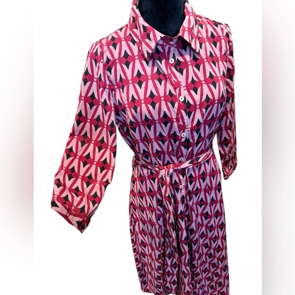 Pink Red Black Graphic Geometric Belted Midi Dress Shirt dress Size Large - Picture 5 of 6
